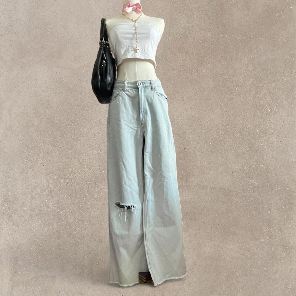 H&M Light Blue Wash High Waisted Wide Leg Distressed Jeans